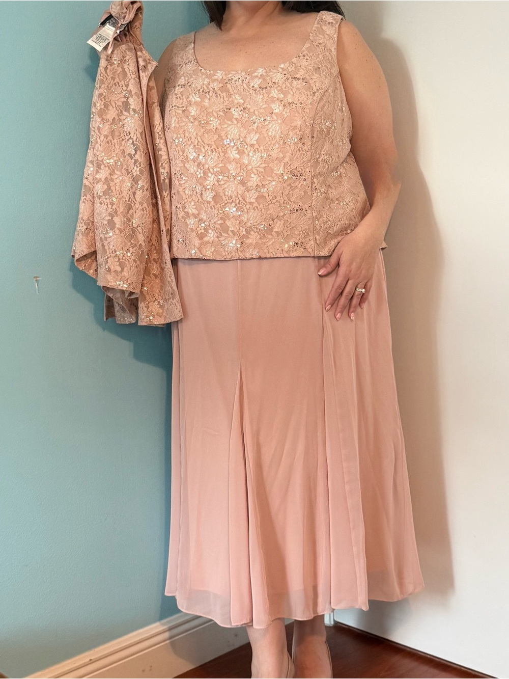 Mother of the bride, formal, gown. Alex Evenings Blush Pink Midi A-Line Skirt